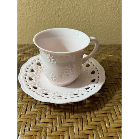 Flat Cup & Saucer Set Cream Lace by SKYE MCGHIE Pink Color Set Of 2 - Picture 2 of 6